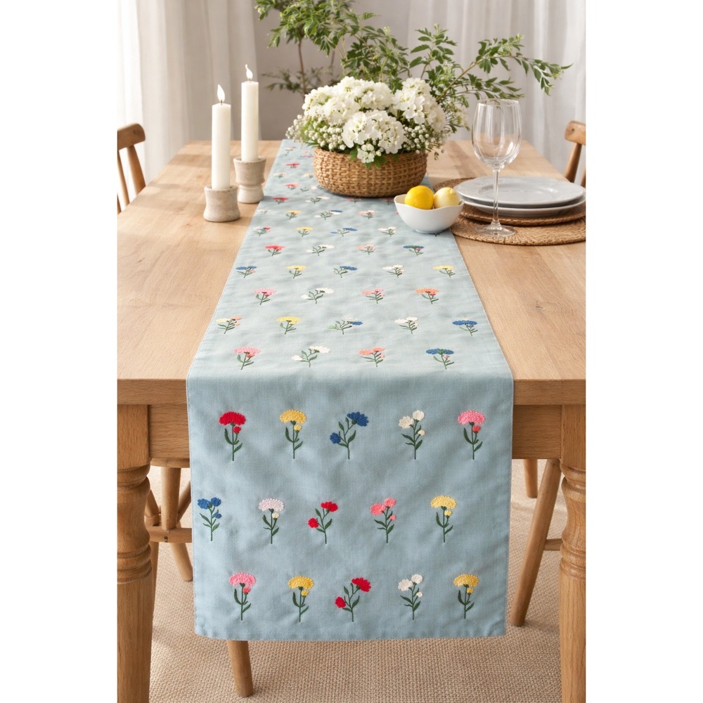Embroidered Wildflower Table Runner 70" Linen Look Spring Farmhouse Cottagecore